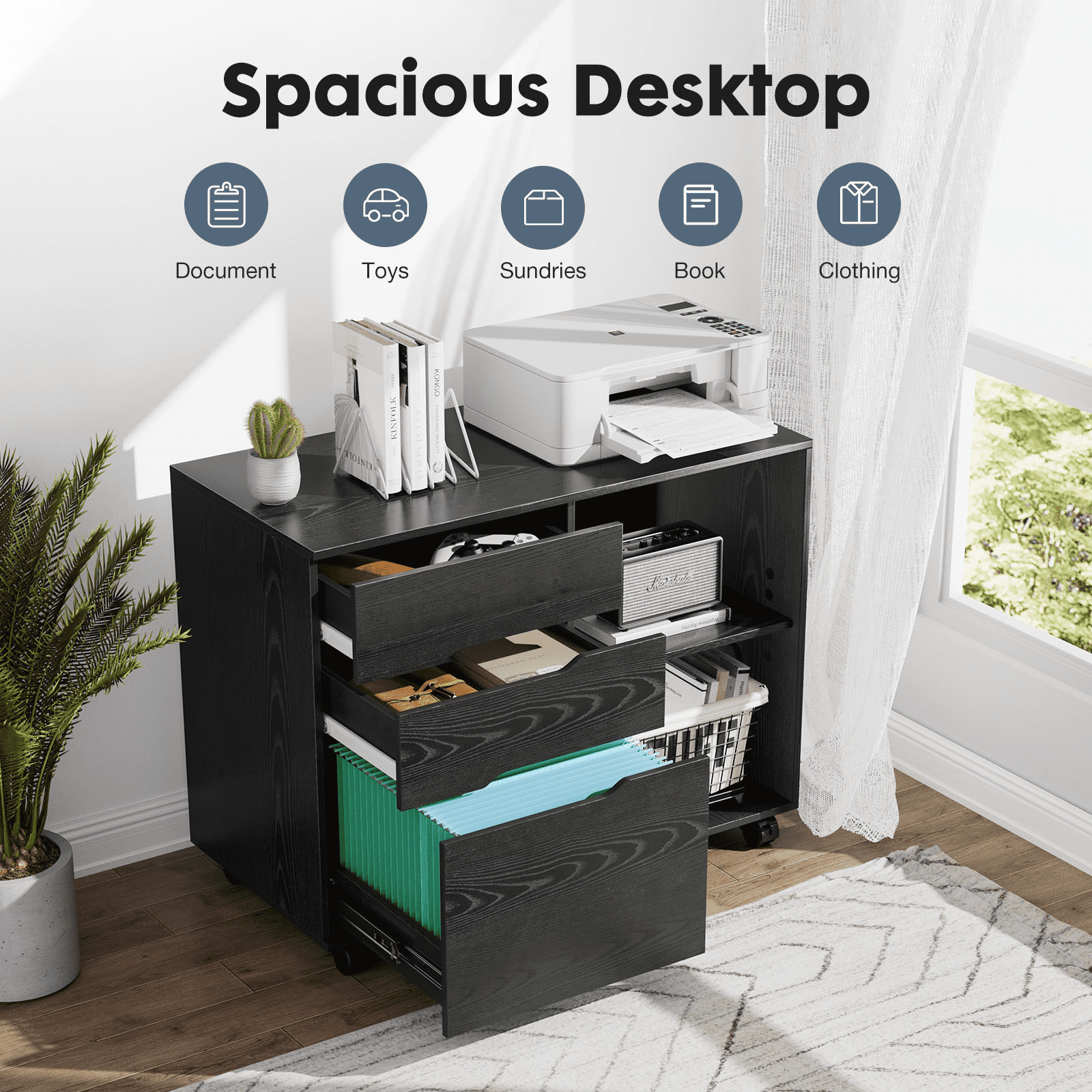 Gianna 3-Drawer File Cabinet with Wheels, Rolling Wood Printer Stand with Open Storage Shelves for Home Office, Black