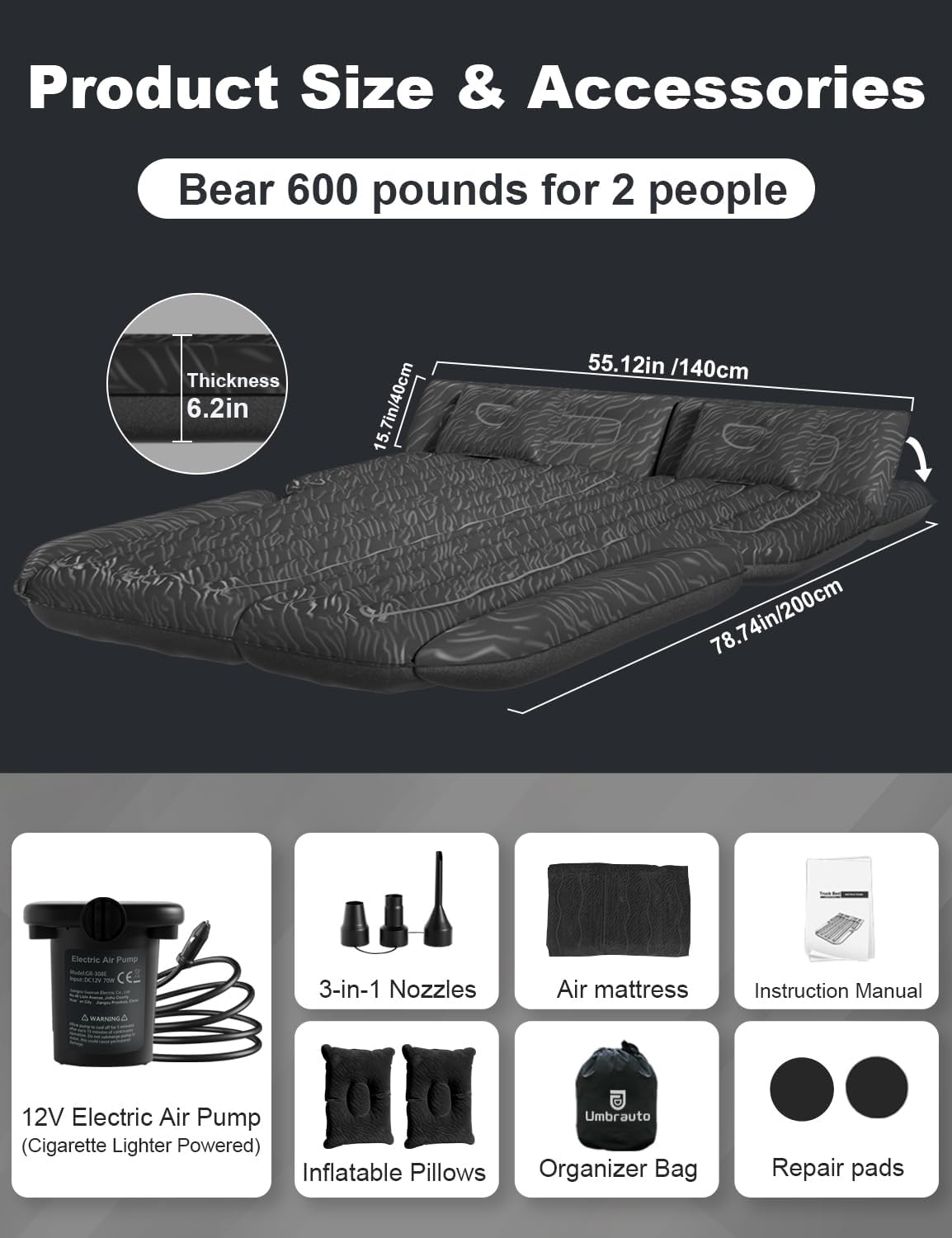 Umbrauto SUV Air Mattress for Car Camping, Leakproof & Quick Inflation Sleeping Airbed with Electric Pump, Fits Most Compact, Mid-Size & Full-Size SUV Trunks for Road Trip Travel