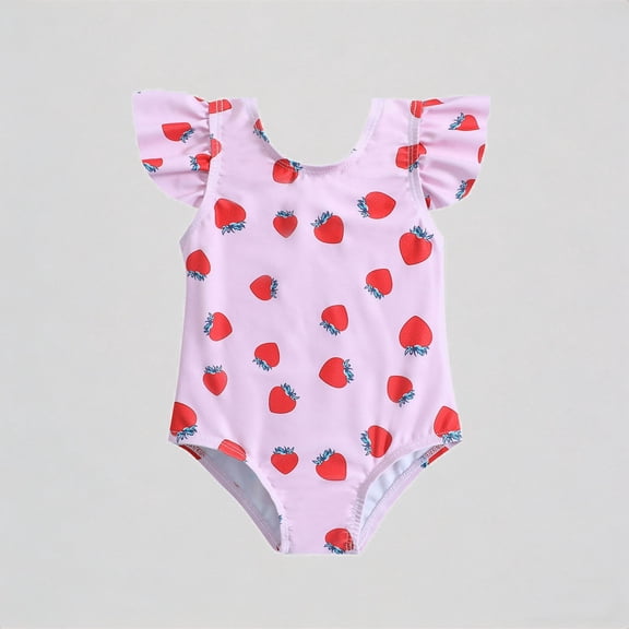 REDARER Toddler Girl's 1-Piece Swimsuit: Strawberry Print Ruffled Flutter Sleeves – Summer Beach Bathing Swimwear,18-24 Months