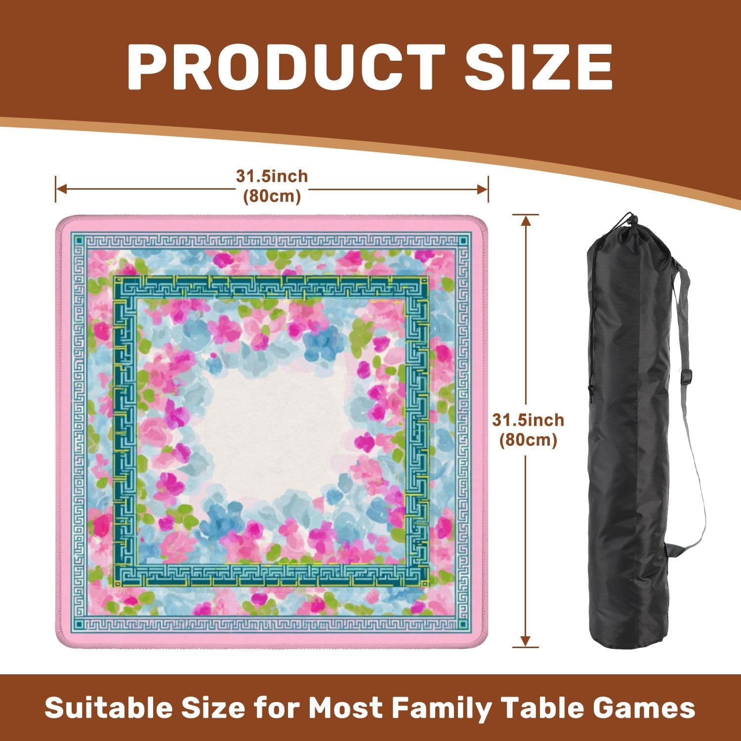 Mahjong Mat 31.5" x 31.5" Floral Watercolor Border Blue Pink Flowers Greek Key Non-Slip Noise Reduction Mahjong Tiles Table Cover for Dominoes Poker Card Board and Tile Games