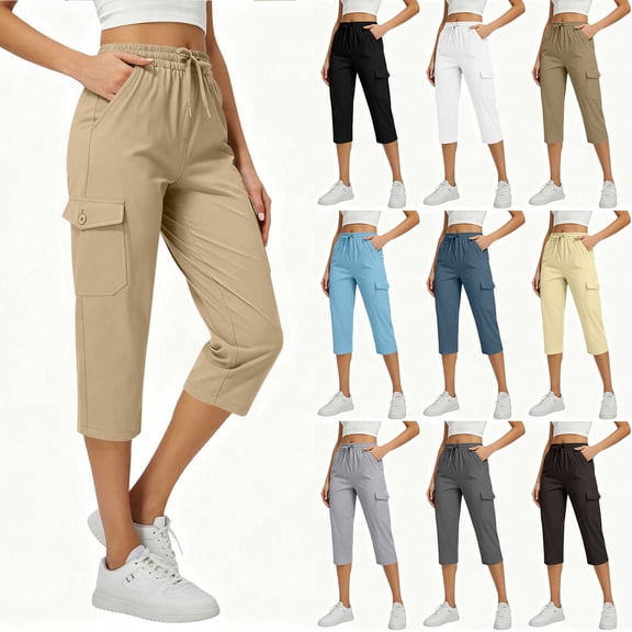 Hvogkswy Cargo Capri Pants for Women Straight Solid Drawstring Capris with Multi Pockets Outdoor Hiking Summer Casual Cargo Pants