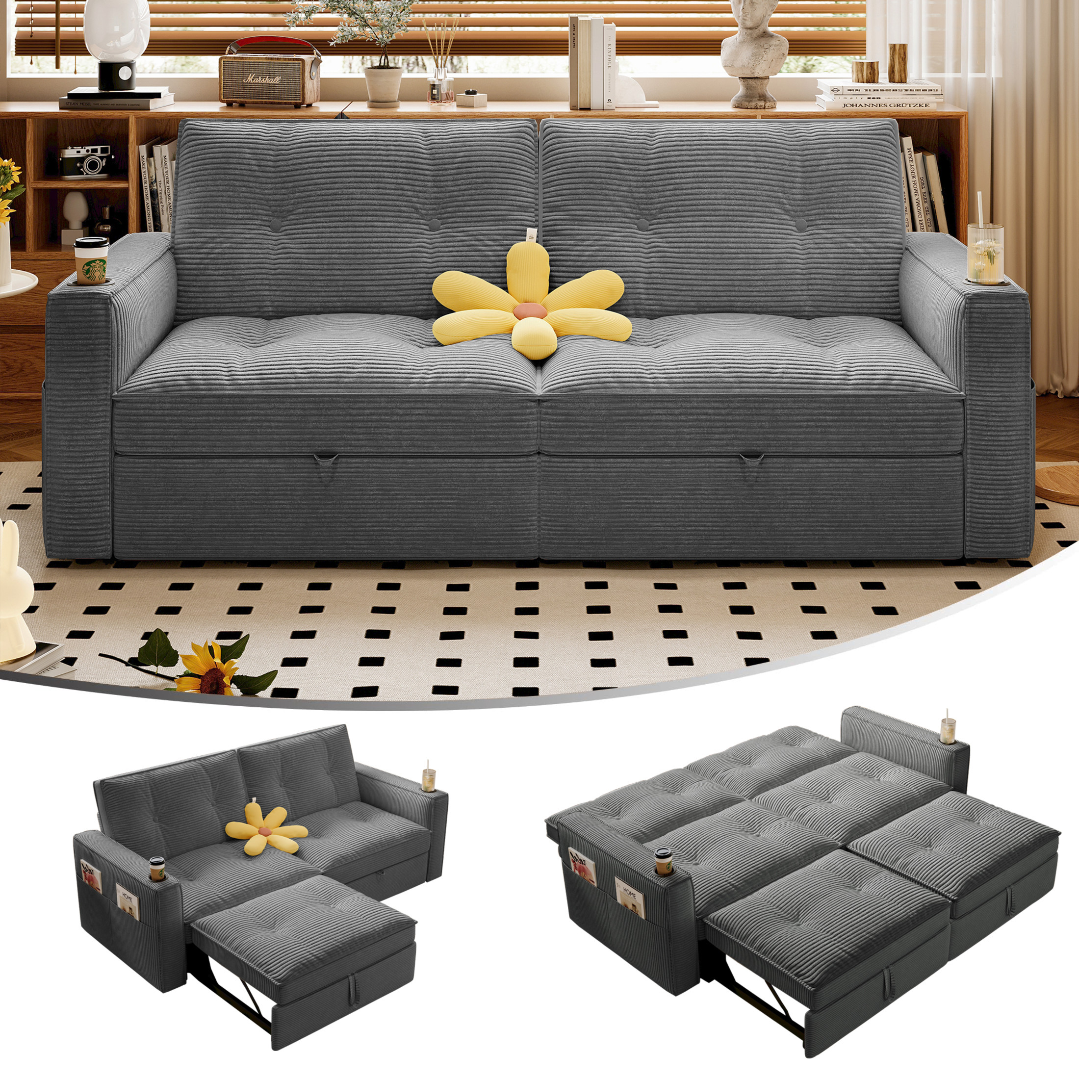 Noble House 2-in-1 Convertible Pull Out Sofa Bed with Adjustable Backrest, 73" Modern Corduroy Sleeper Couch, Gray