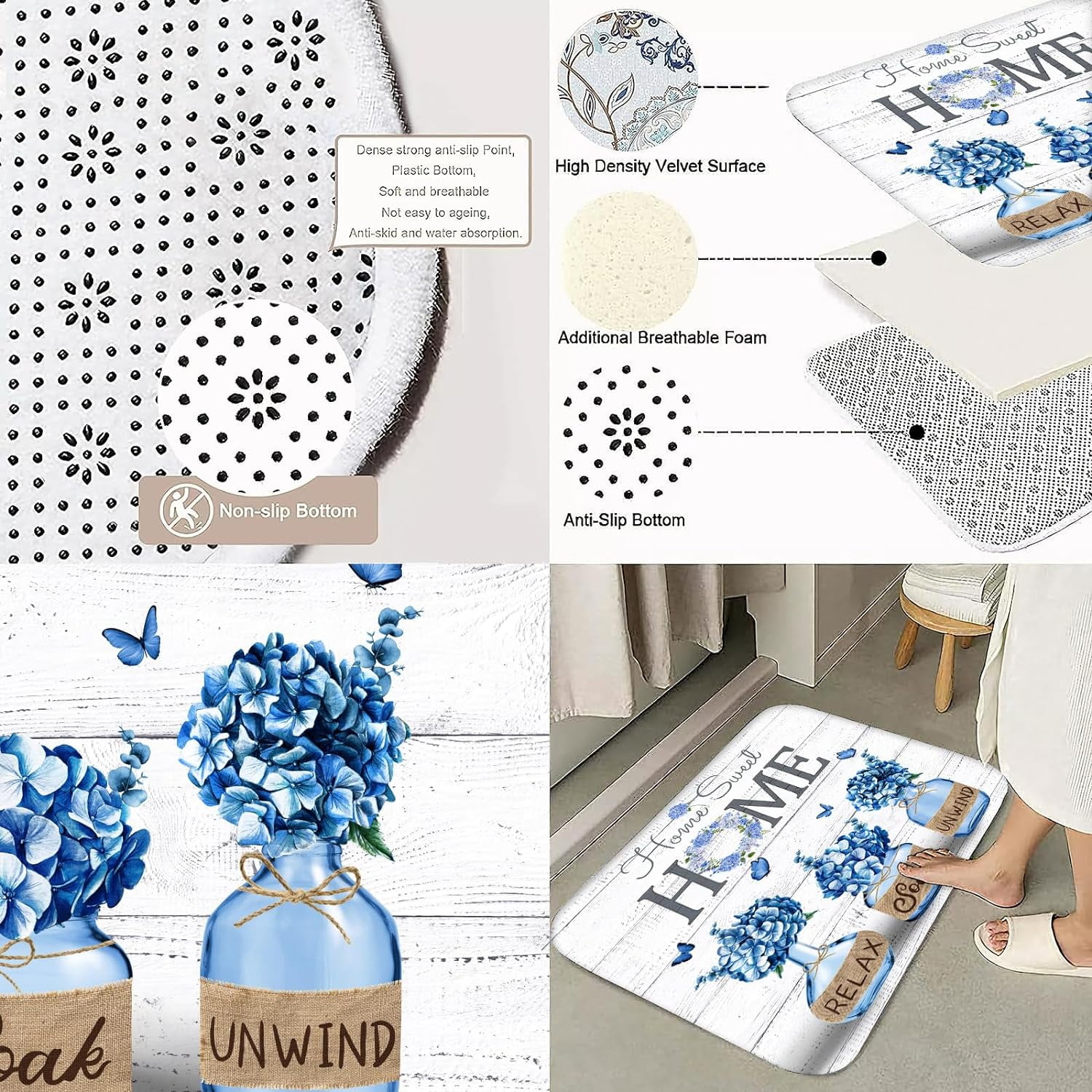 4 PCS Blue Hydrangea Shower Curtain Sets,Home Sweet Bathroom Set with Shower Curtain and Rugs and Accessories,Farmhouse Country Shower Curtain Bathroom Decor with 12 Hooks 72 X 72 Inches