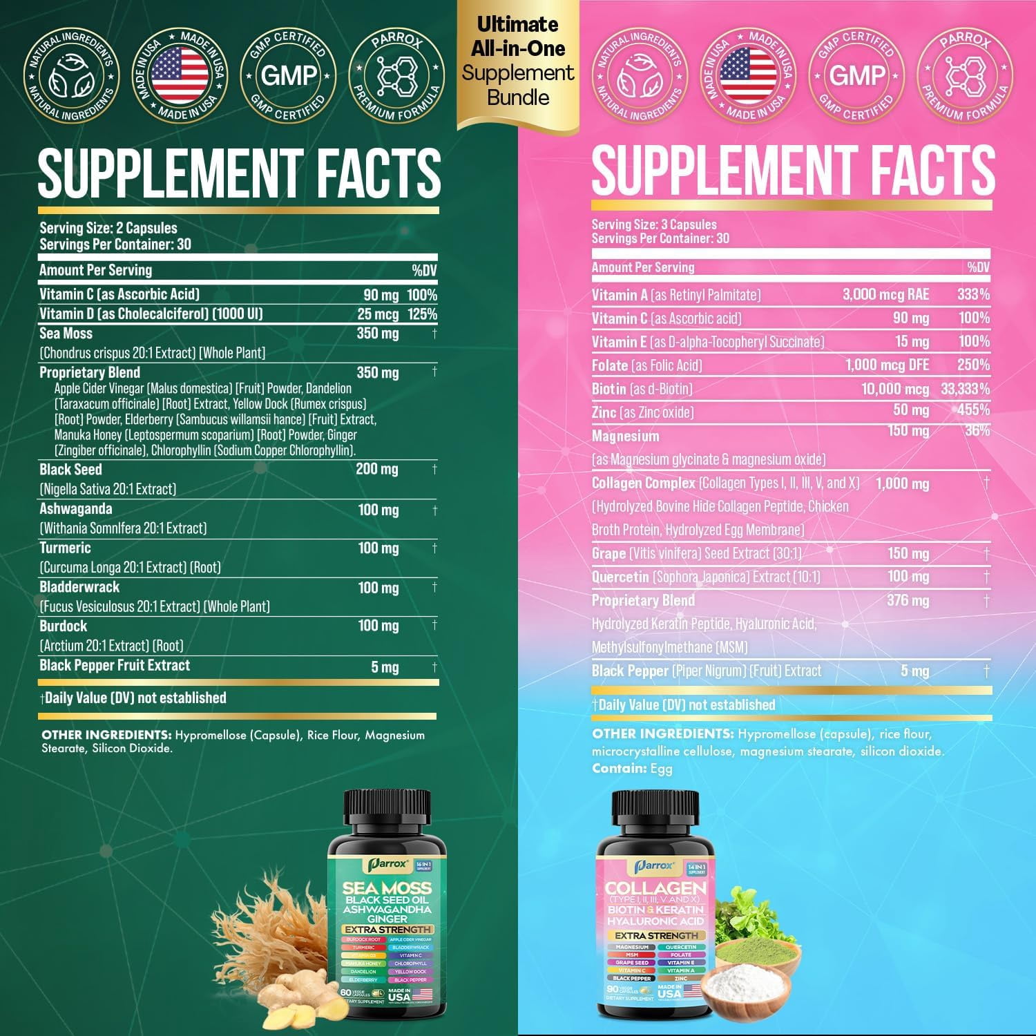 Parrox Radiant Wellness Bundle -Sea Moss, Black Seed Oil, Ashwagandha, Ginger, Collagen Types I II III V X, Biotin, Keratin, Hyaluronic Acid, Burdock Root, Turmeric, Vitamin D3, Magnesium (3 Pack)