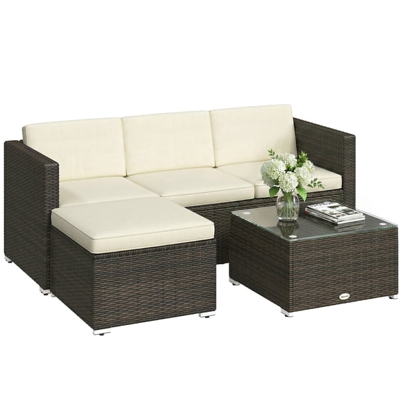 Outsunny Wicker Patio Furniture w/ Padded Cushions Corner Sofa Sets, White