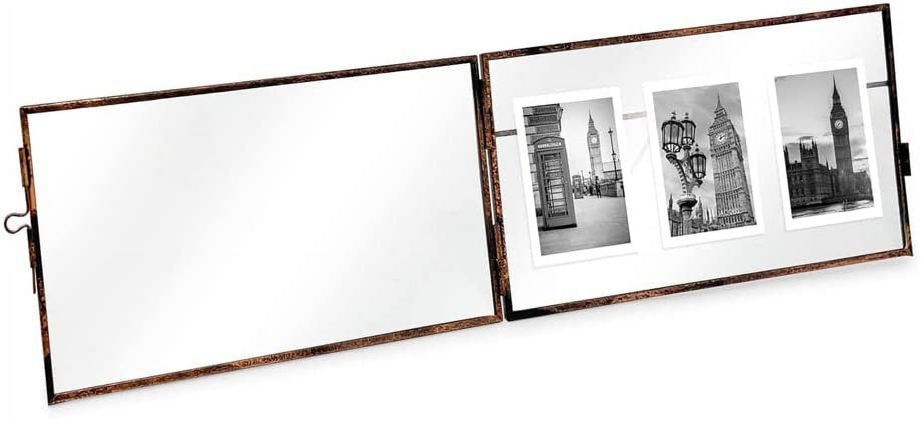 Isaac Jacobs 3-Photo Vintage Style Glass and Metal Floating Picture Frame Horizontal w/ Locket Closure; For Photos, Art, & More, Tabletop Display Three-2x3, Antique Bronze