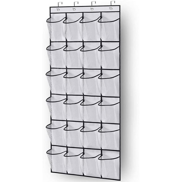 Zapatero organizador para colgar sobre la puerta, con 24 bolsillos grandes de malla para mantener la puerta del armario ordenada y con perchero (blanco)