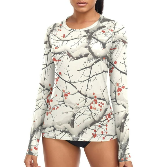 joogoo Womens UPF 50 Sun Shirts Winter Cherry Floral Long Sleeve UV Protection Rash Guard Tops S