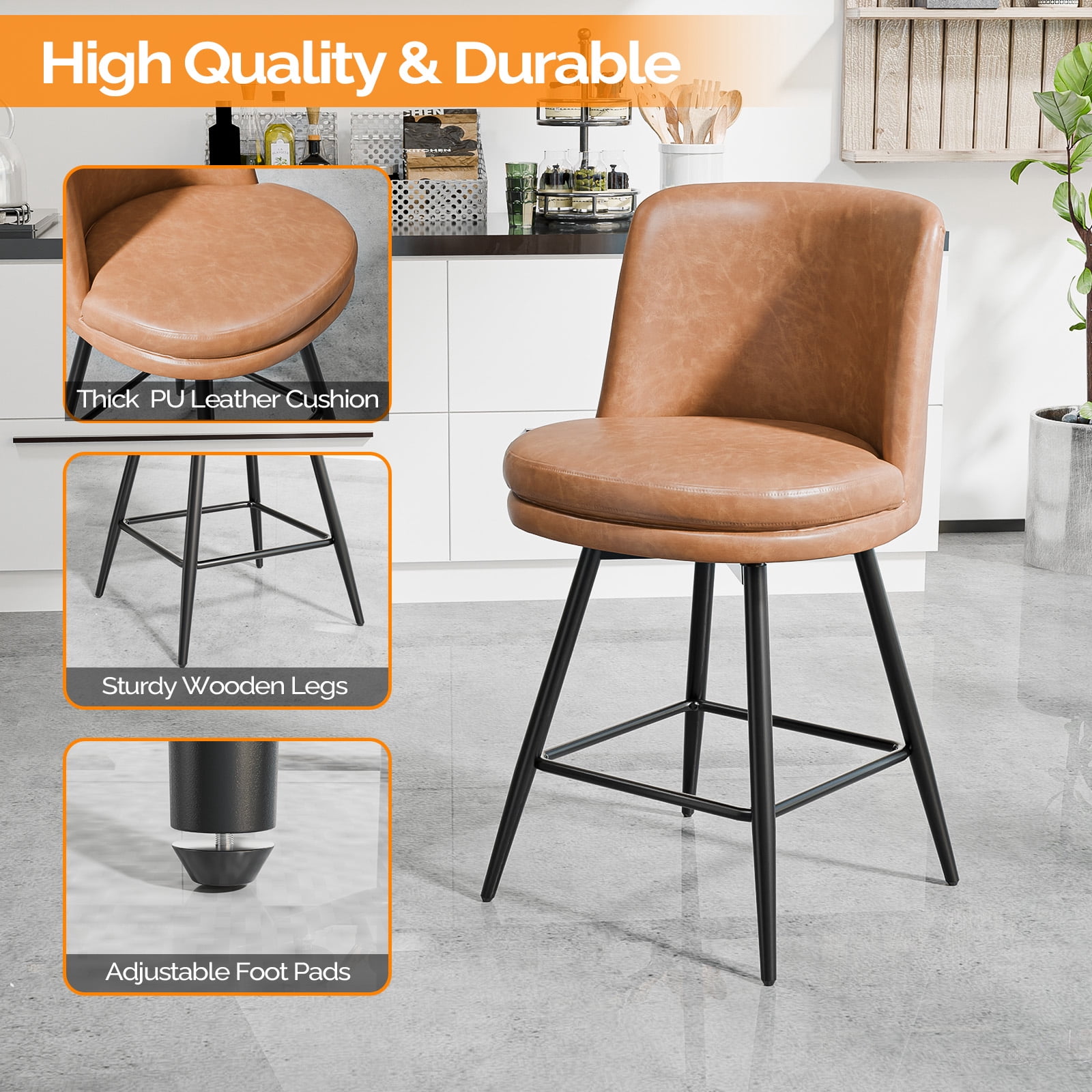 Zimtown Modern Barstools Set of 2, 26" Counter Height Swivel Bar Stools Set with Cushion for Kitchen Island, Dining Room, Bar Chairs, Tan Brown