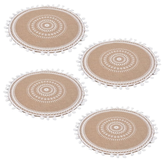 Set of 4 Boho Woven Jute Placemats, Round Table Mats with Pompom Tassel for Dining Room Kitchen Decoration