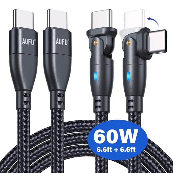 USB C to USB C Cable [60W, 2-Pack 6.6ft/6.6ft], AUFU 180 Degree PD 3.0 Type C Charger Fast Charging for MacBook Pro 2022/Air M1/iPad Pro2022/Samsung Galaxy S22/Switch/Pixel/LG and More
