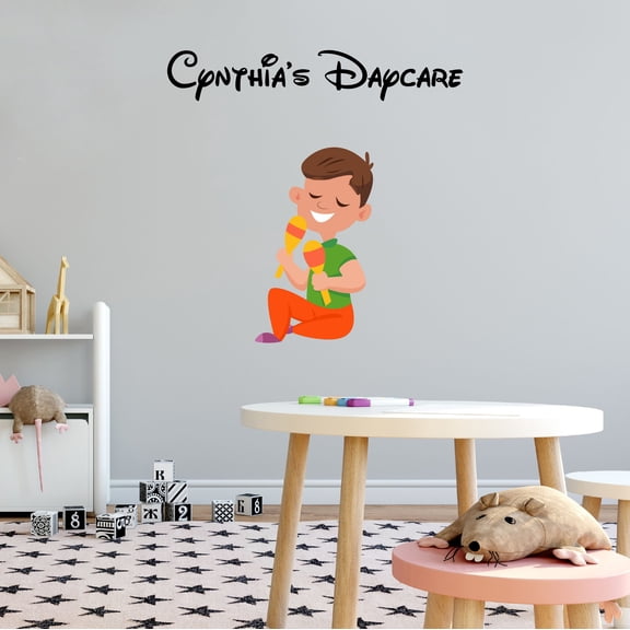 Personalized Name Day Care Wall Decal Cute Little Boy Playing with Mic Daycare Wall Decal for Care Taker Cute Themed Room Decal - Size: 10 In x 10 In