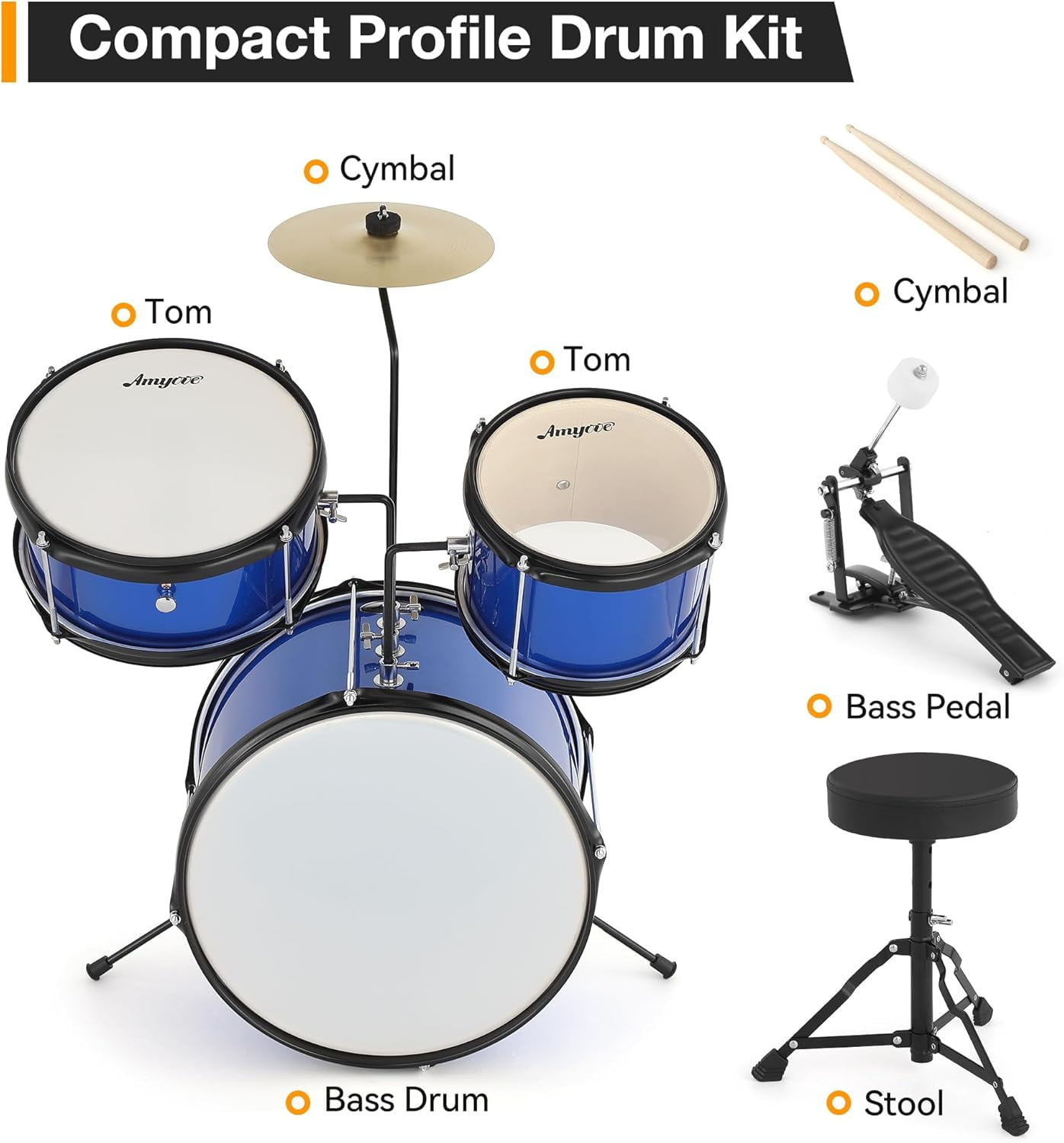 Garvee 3 Piece Beginner Drum Set for Kids Juniors, with Drum Sticks & Drum Throne Seat, Blue
