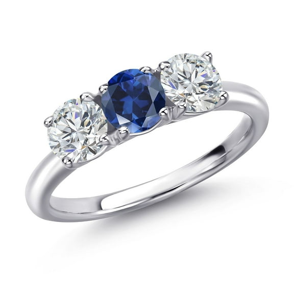 Gem Stone King 925 Sterling Silver Blue Created Sapphire and Lab Grown Diamond Engagement Ring for Women | 1.60 Cttw | Round 5MM | Gemstone September Birthstone | Size 7