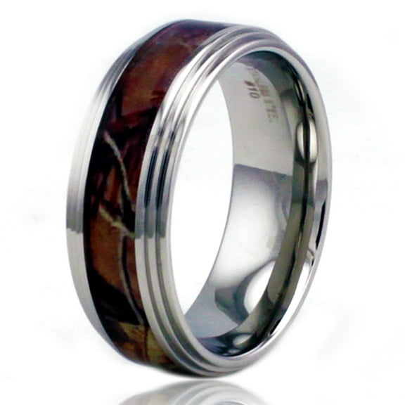 Tioneer Stainless Steel Wood Camouflage Step Down Edge Wedding Band Ring