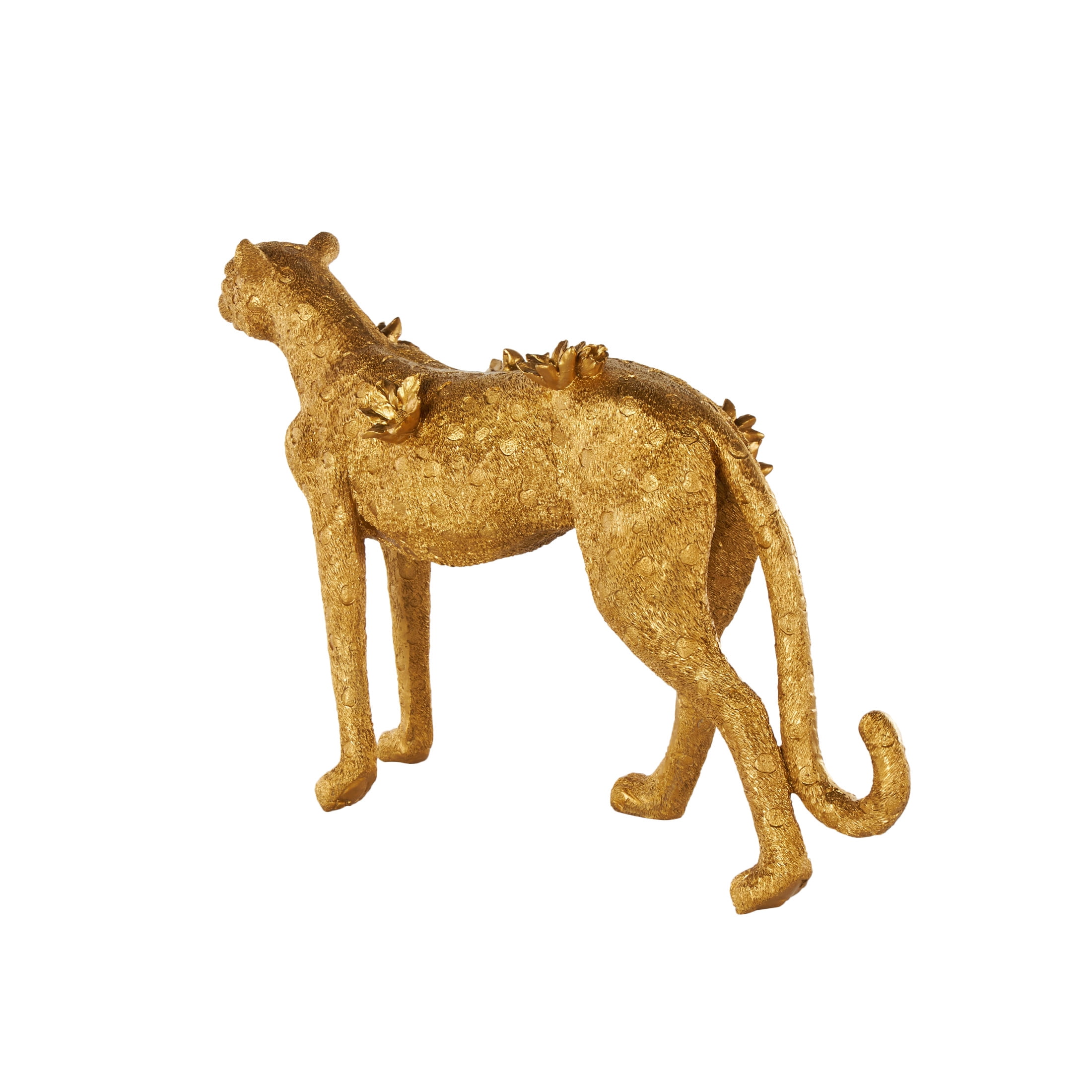 25" x 17" Gold Resin Standing Leopard Sculpture with Textured Spots and Floral Accents, by DecMode