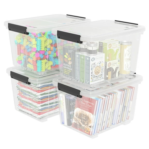 Qqbine 30 L Plastic Clear Storage Bin with Wheels, Plastic Latching Bins with Lids, 4 Packs