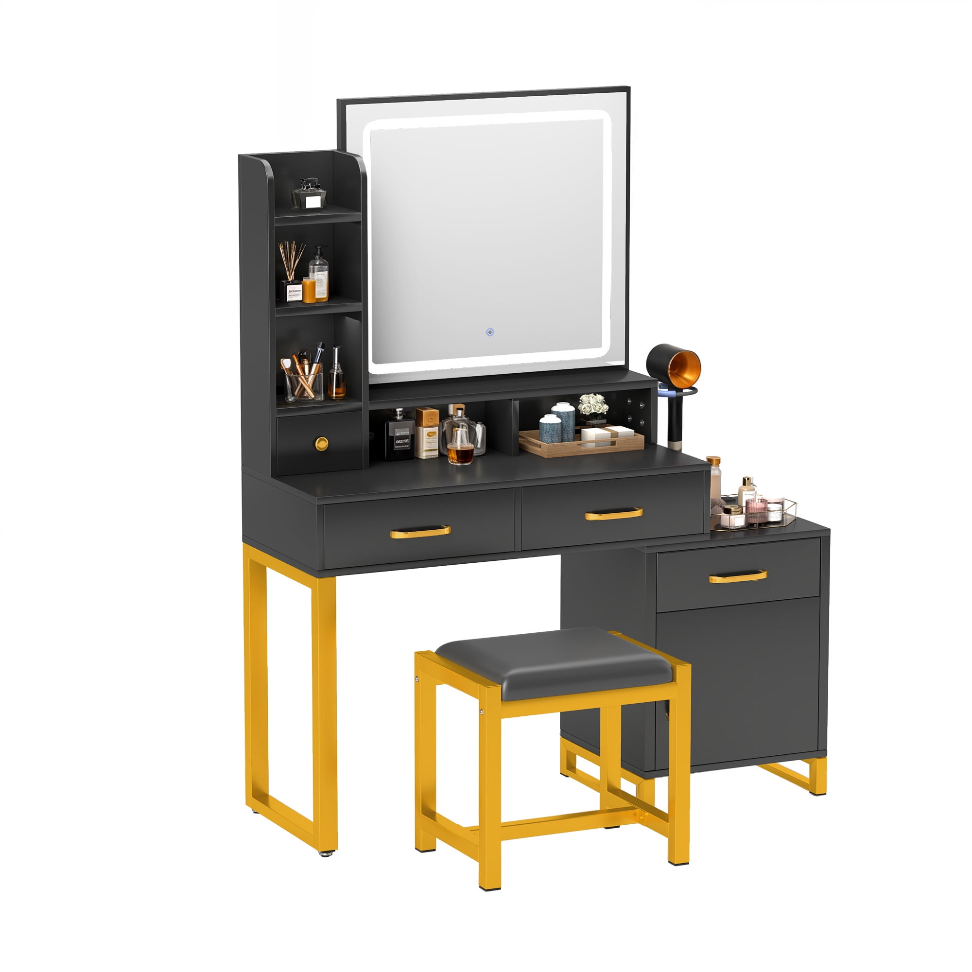 DEXTRUS Vanity Table Set with Adjustable 3 Lighting Color Options Power Outlet Large, Black
