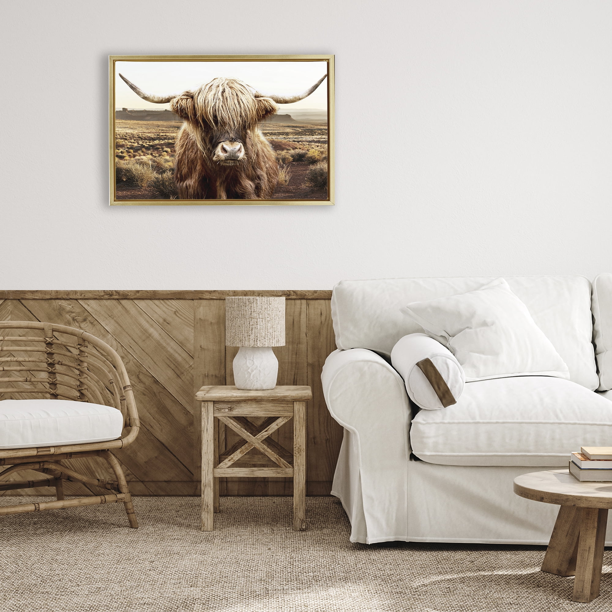 Stupell Industries Rugged Vegetation Cattle Portrait Gold Framed Floater Canvas Wall Art, design by CAD Designs