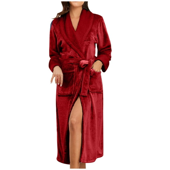 Peignoir Long en Peluche pour Femmes, Robe de Chambre en Molleton Chaude et Confortable à Col Châle, Tenue d'Intérieur Douce, Vêtement de Nuit, Peignoirs de Spa avec Poches P-27 Bordeaux TG