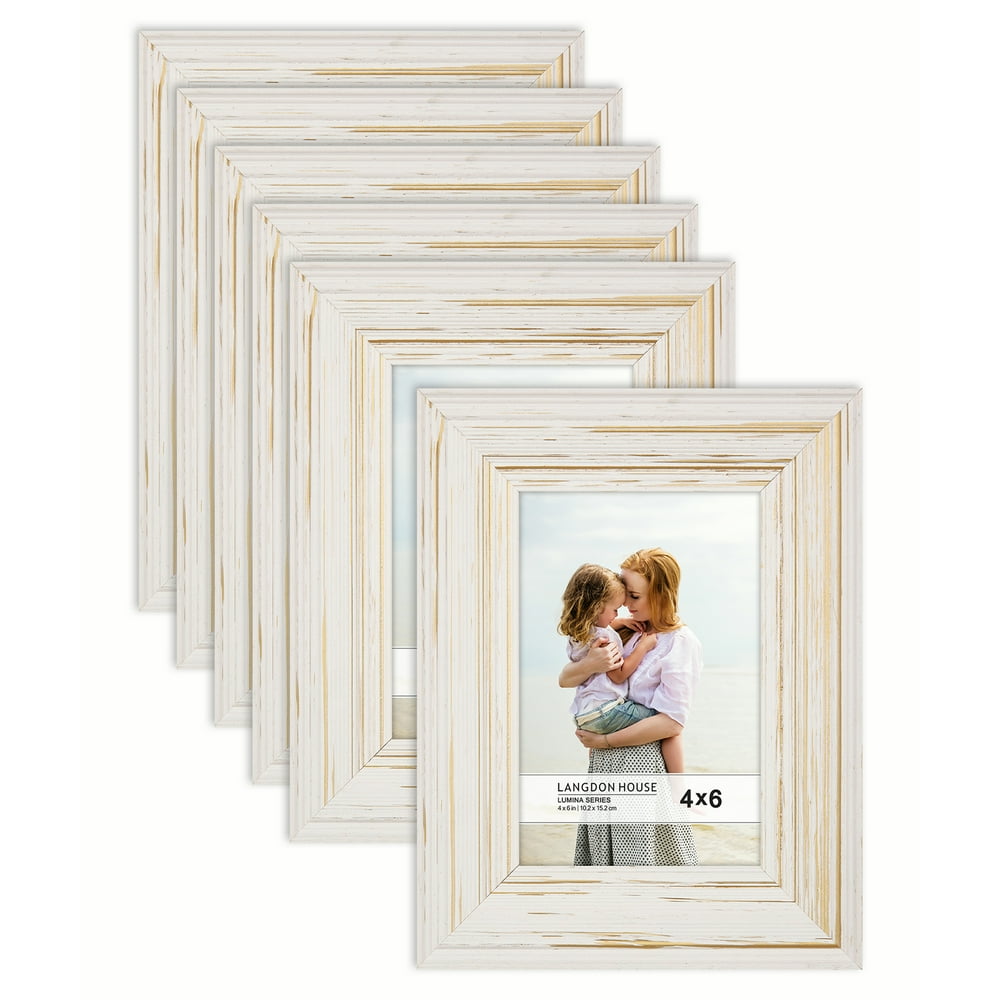 Langdon House 4x6 Weathered White Real Wood Picture Frames with Gold