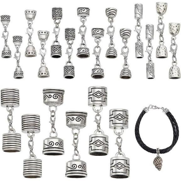 10 Styles Leather Cord End Caps 20 Sets Silver Cord End Caps with Lobster Clasp Connector Tibetan Style Leather Cord End Crimps for DIY Crafts Bracelet Necklace Jewelry Making Silver