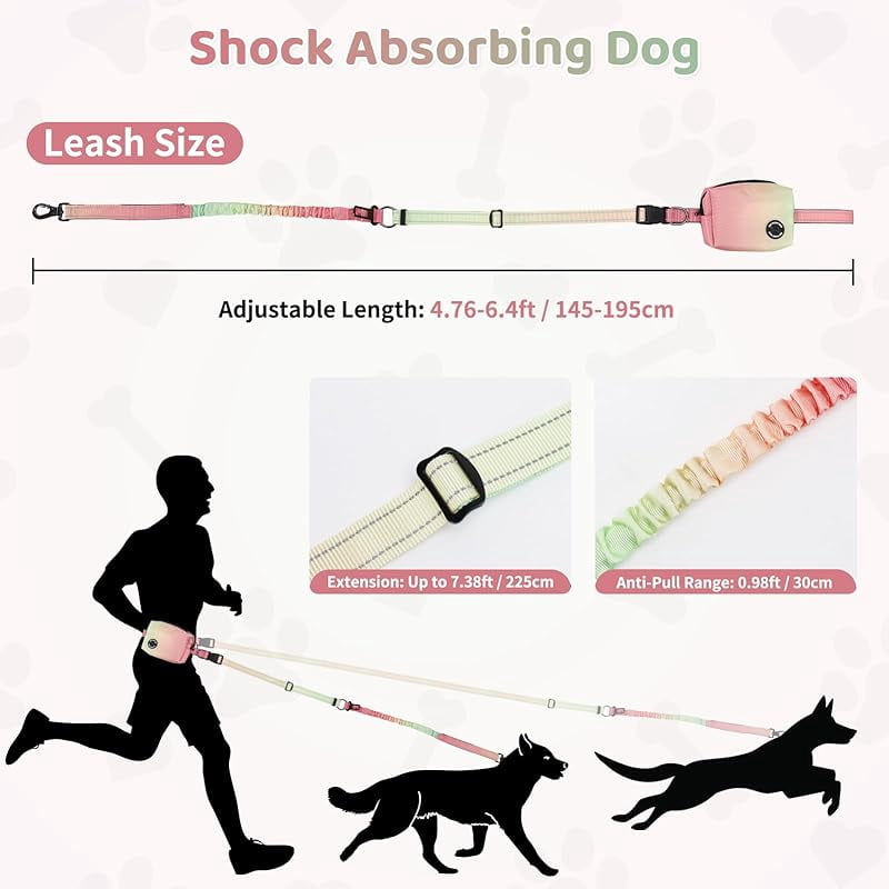 Hands Free Dog Leash with Zipper Pouch, 6-9ft Bungee Waist Leash for Medium Large Dogs Walking, Running Lead with Dual Padded Handles Car Safety Buckle for Training Jogging