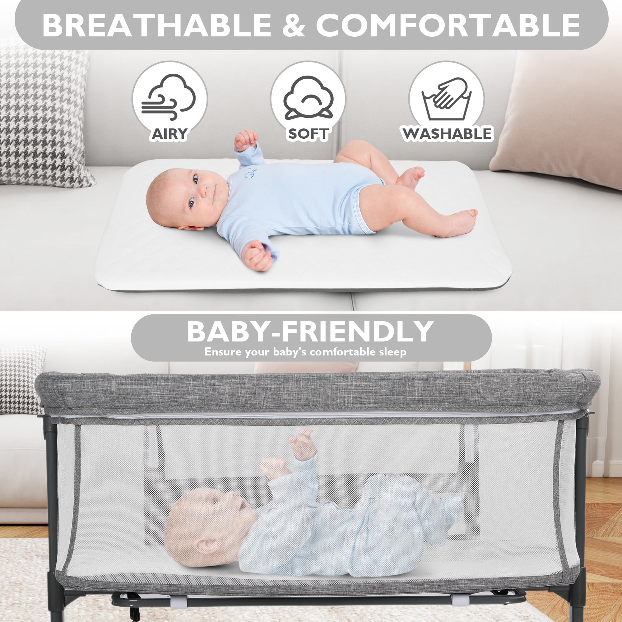 AILEEKISS Baby Bassinet with Wheels Adjustable Bedside Sleeper Bassinet Newborn Baby Crib, Grey