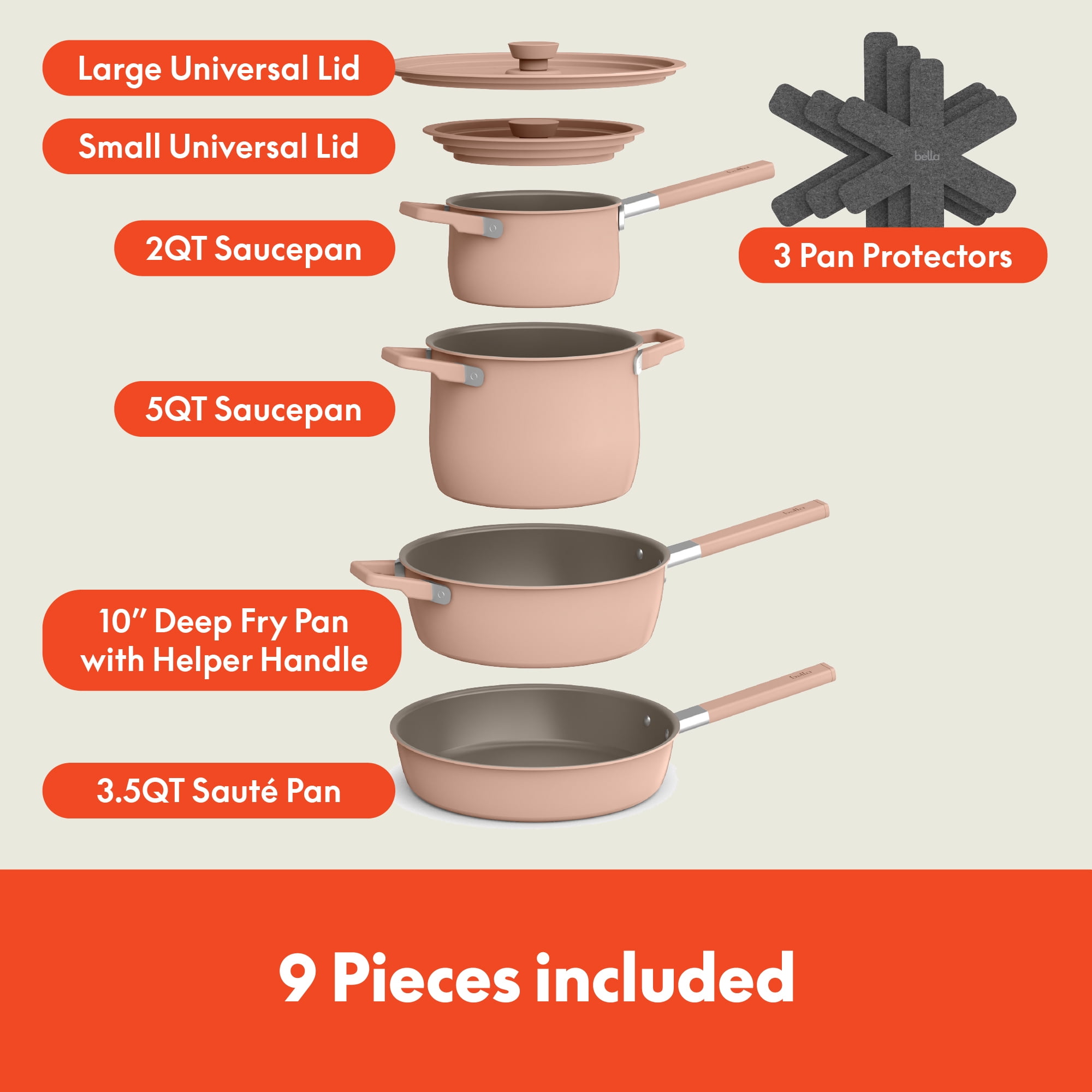 bella 9-Piece Cookware Set, Fits-anywhere™ Kitchenware, Blossom