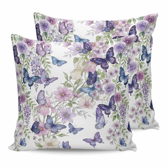 Pillow Covers 24x24 Set of 2, Pink Flowers Throw Pillow Covers Decorative Couch Cushion Cover, Spring Floral Purple Butterflies Watercolor Microfiber Soft Square Pillowcases for Bedroom Sofa