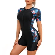 IBTOM CASTLE Womens One Piece Rash Guard Swimsuit UV Protection Floral Printed Surfing Zipper Swimwear Bathing Suit Beachwear M Blue + Red Floral