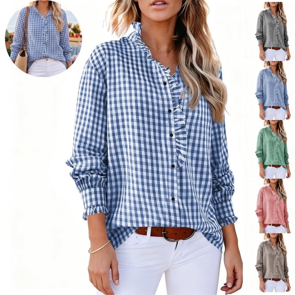 Mfakffe Long Sleeve Shirts for Women Gingham Plaid Ruffled V‑Neck Button Down Blouse Casual Loose Fit Spring Fall Tops