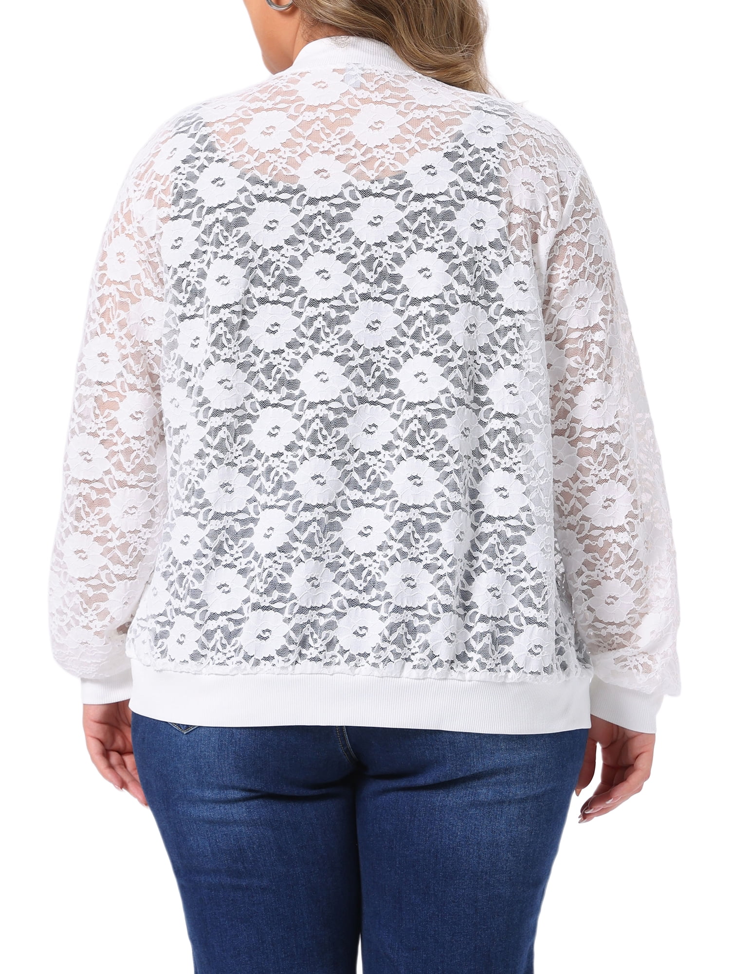 DARING DIVA Women's Plus Lace Zip Up Long Sleeve Lightweight 1X White
