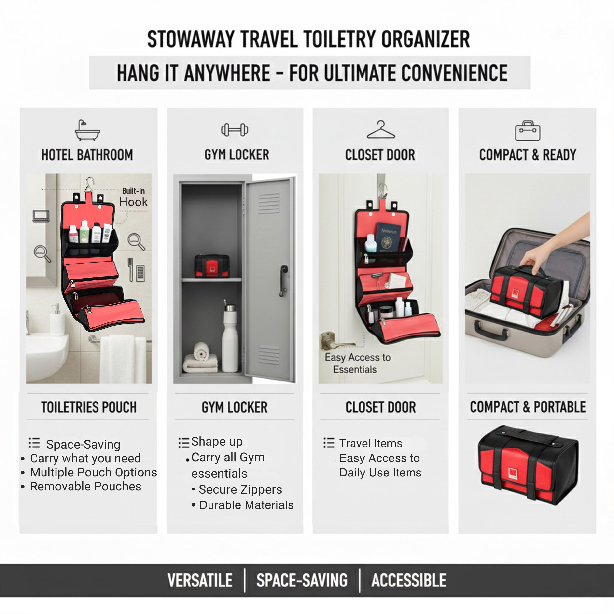 Compact Hanging Travel Toiletry Bag – Fold-Flat Organizer with Multiple Pockets, Water-Repellent Case for Travel & Everyday Use
