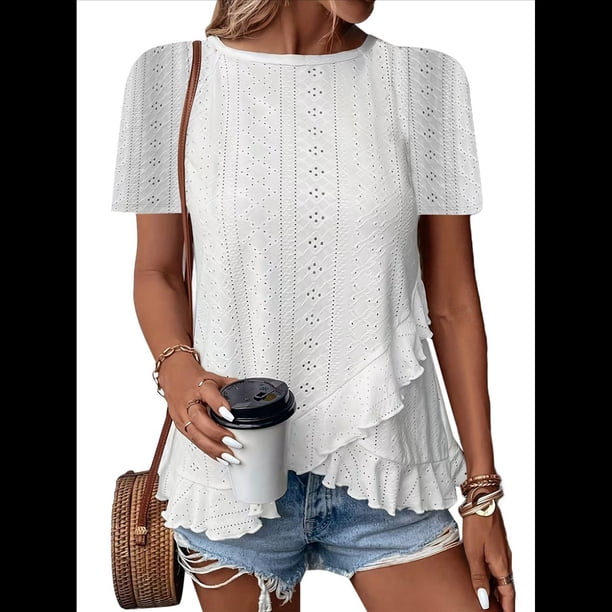 Blusas de Verano con Ojales para Mujer 2025, Blusas Asimétricas de Moda para Verano, Blusas de Color Liso para Salir, Blancas, Talla M
