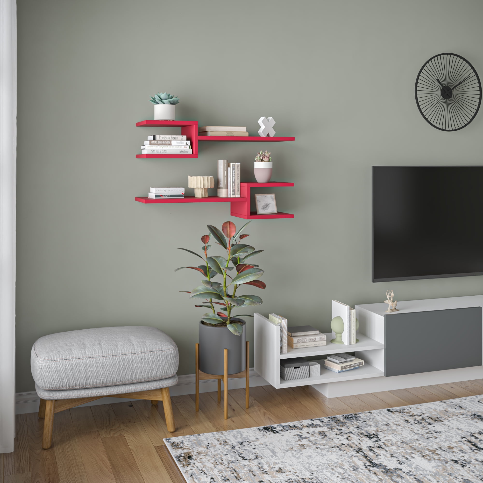 Ada Home Decor Furniture 29.53" 2 Tier Burgundy Webbs Modern Wall Shelf