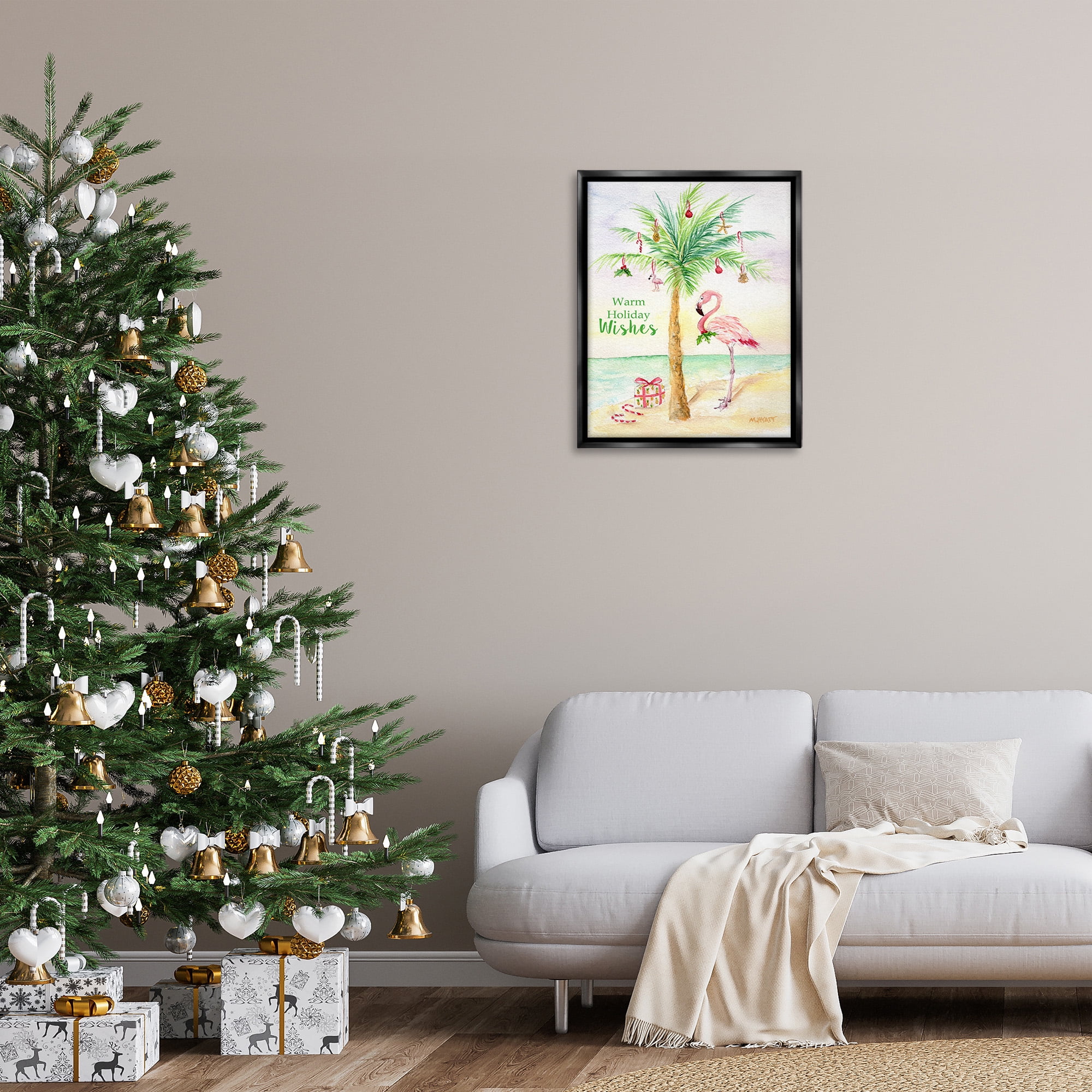 Stupell Industries Tropical Flamingo Christmas Holiday Painting Black Floater Framed Canvas Art Print Wall Art, 25 x 31