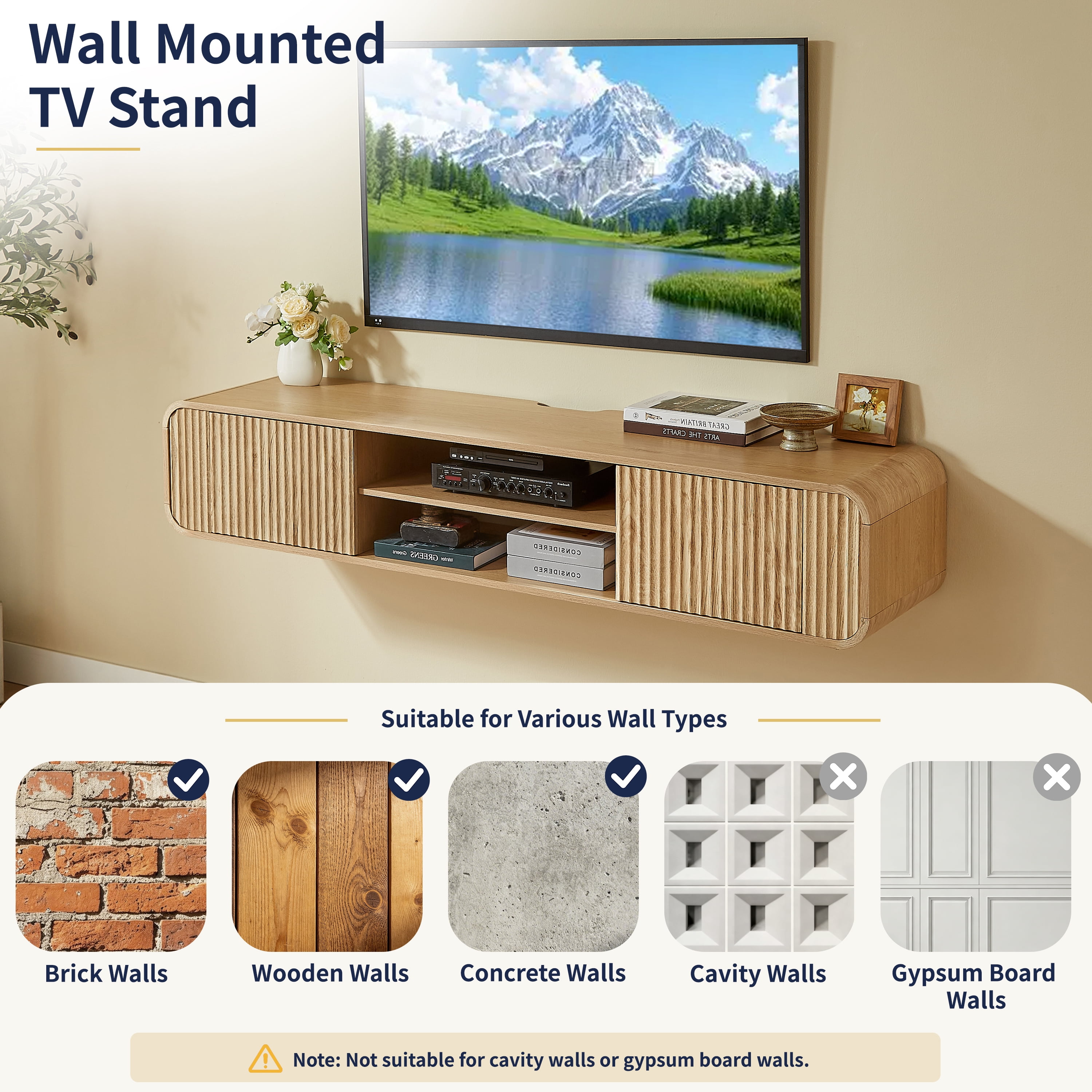 63" Wall‑Mounted TV Stand with Open Storage, Hanging Cabinet for Living Room, Bedroom & Home Use,Natural