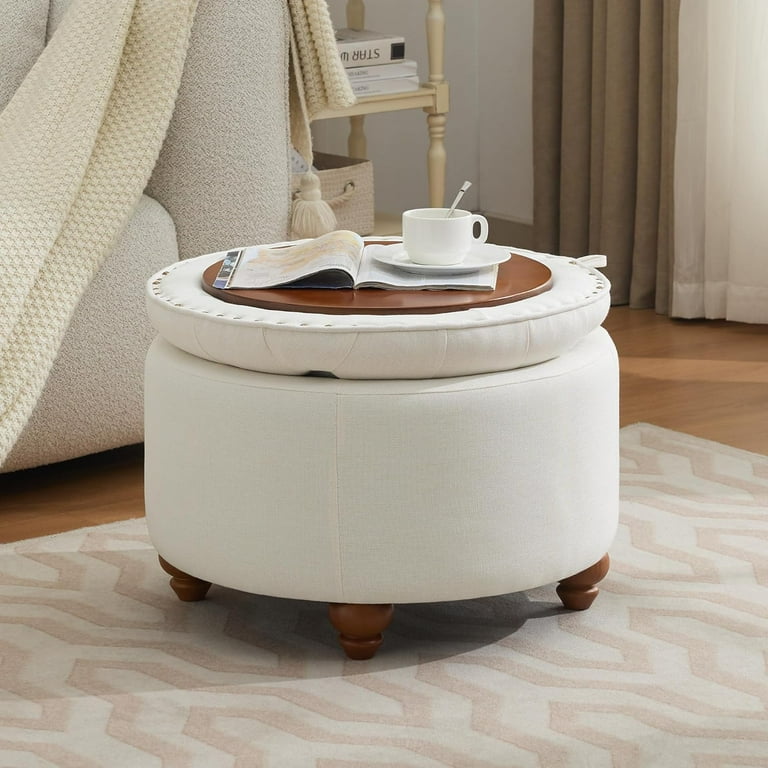 30 Inch Round Storage Ottoman With Wood Top - Tufted Teddy Fabric Ottoman Coffee Table, Black