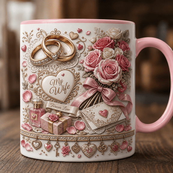 Wife Mug with Wedding Rings & Rose Bouquet, Romantic Coffee Cup Anniversary Gift