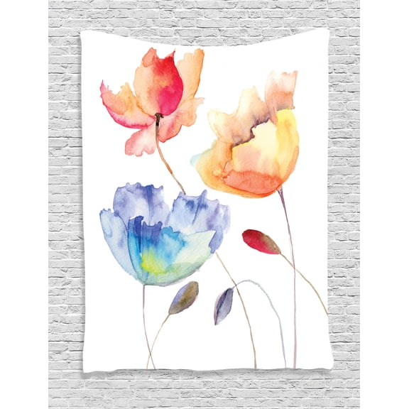 Watercolor Flower Tapestry, Summer Flowers in Retro Style Painting Effect Nature is Blessing Art, Wall Hanging for Bedroom Living Room Dorm Decor, Orange Blue Red, by Ambesonne