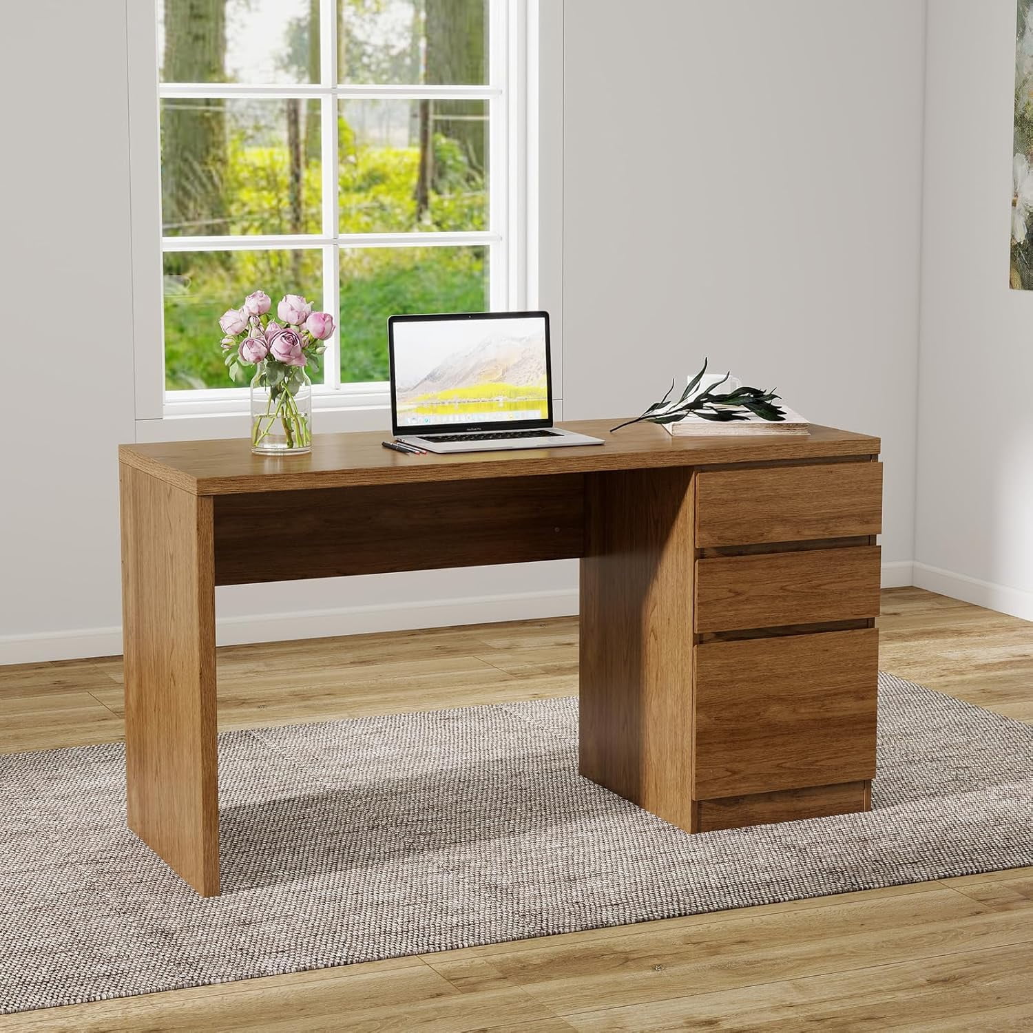LAZZO 53" Computer Desk with 3 Drawers, Executive Writing Desk with File Storage Drawer for Home Office, Brown