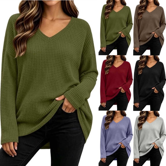 Horkkom Womens Plus Size Tops Long Sleeve V Neck Solid Color Casual Tops Daily Loose Pullover Shirts, S-5XL