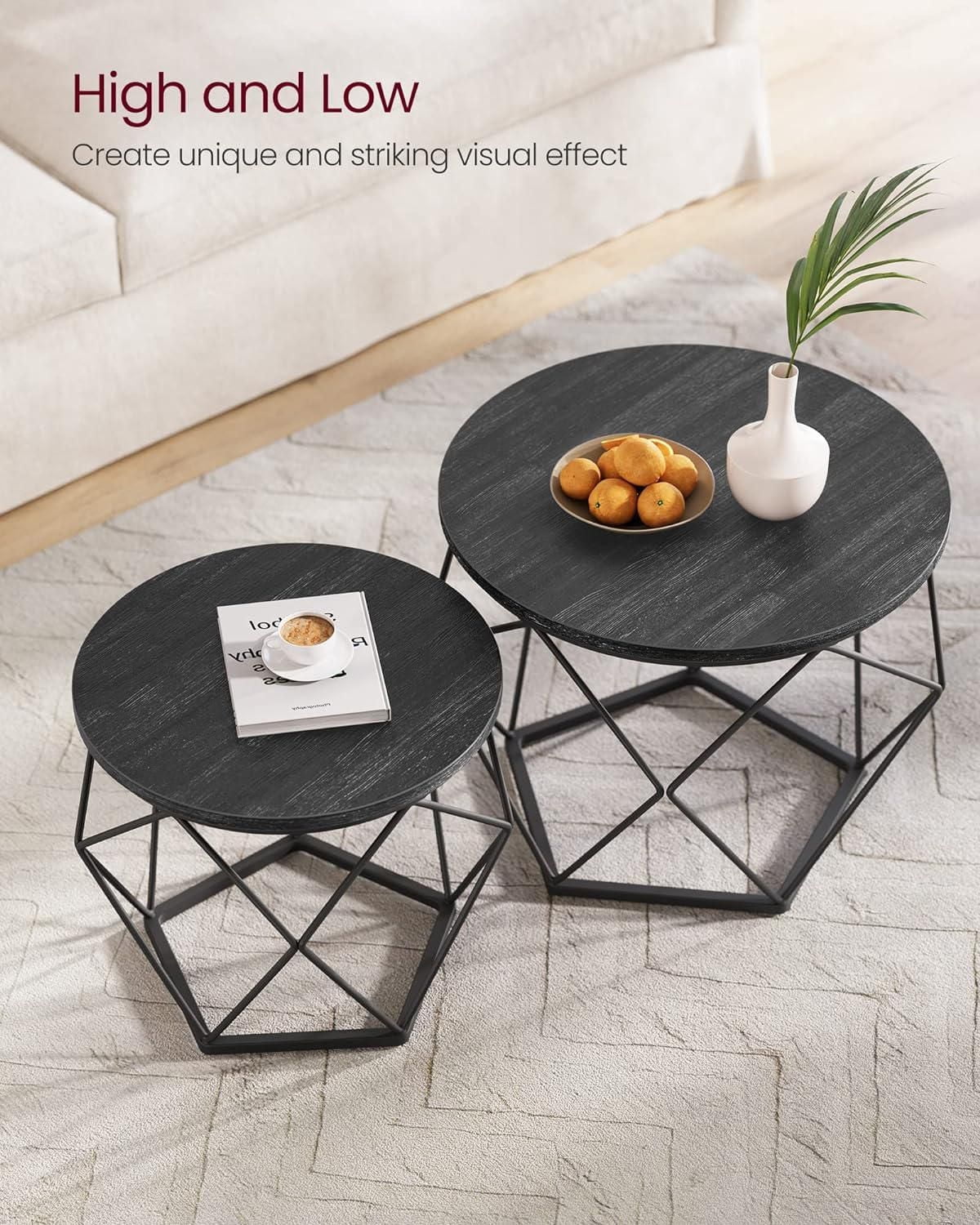 Boutique Home Modern Geometric Design Round Coffee Accent Tables, Set of 2 Side Tables