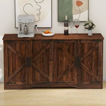 Uforic 62 " Farmhouse Buffet Sideboard Cabinets with 4 Door, Coffee Bar Cabinet with Adjustable Shelves, Kitchen Storage Cabinet Accent Entryway Chest Console Table,Rustic Brown