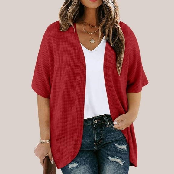Karight Womens Open Front Waffle Knit Cardigan Lightweight Loose Kimono 3/4 Sleeve Casual Fall Sweater Trendy Winter Outfits