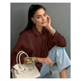 thumbnail image 5 of Women'S Puffy Bombers Jacket Oversized Street Casual Batwing Sleeve Lapel Pleated Shirt with Zipper Wine Red M, 5 of 7