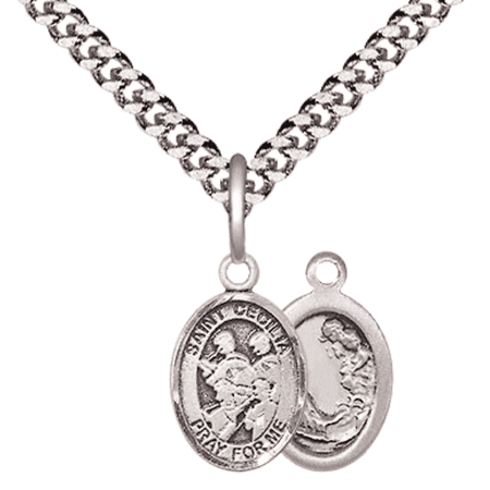 .925 Sterling Silver Saint Cecilia Marching Band Medal Pendant on 24 Inch Endless Rhodium Plated Heavy Curb Brass Chain, Catholic Religious Necklace -Made in USA- Deluxe Velvet Gift Box