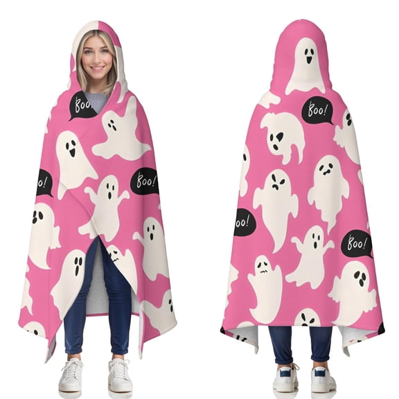 Wearable Blanket,Halloween Ghosts with Boo Hooded Wearable Sherpa Blanket for Adults & Teens,Winter Poncho Shawl Wrap Cape Thick Warm,50"x60"