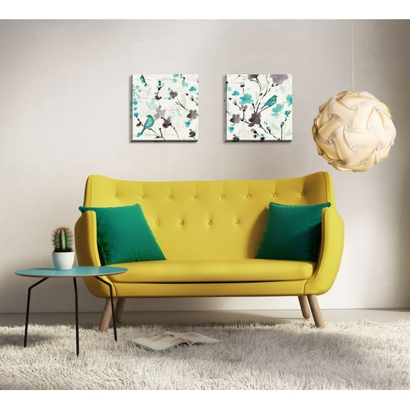 Gango Home Decor Watercolor-Style Floral and Bird Wall Art; Two Blue 12x12in Hand-Stretched Canvases